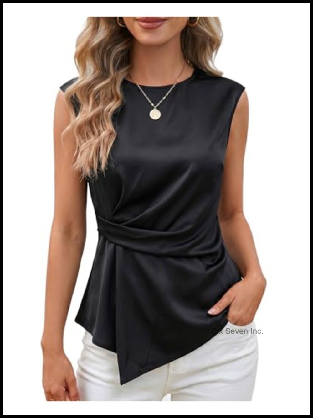 Satin Peplum Top Short Cap Sleeve Crew Neck Cinched Waist Blouse